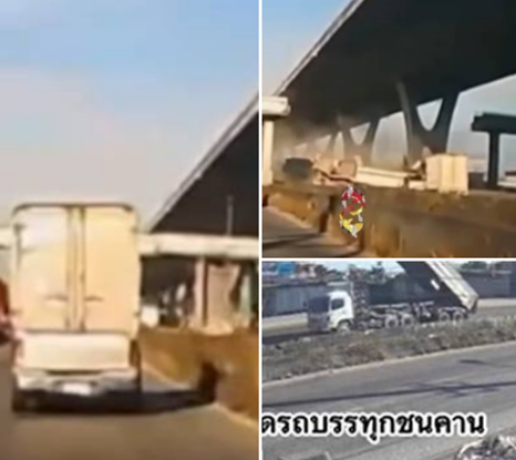 นาทีสยอง! รถบรรทุกดัมพ์ค้างวิ่งเร็ว พุ่งฟาดสะพานลอยบางนา–ตราด ถล่มพัง